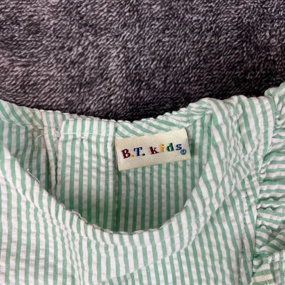 Vtg B.T. Kids Seersucker Striped Dress Embroidered Girls 2T Ruffle Floral *Read